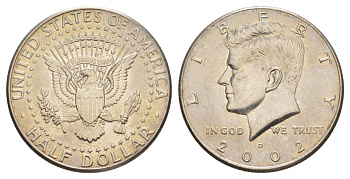 США 1/2 доллара (50 центов) 2002 D, Джон Кеннеди KM A202b медь плакированная медно-никелем aUNC 4517-411