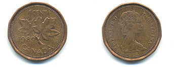 Канада 1 цент 1989 Елизавета II (1952-2022), кленовый лист KM 132 бронза 177-1426