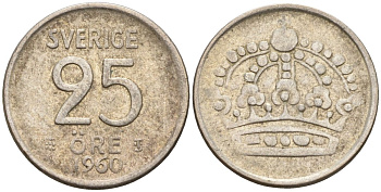 Швеция 25 эре 1960 TS, Густав VI Адольф (1950-1973) KM 824 серебро 4147-1111