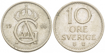 Швеция 10 эре 1966 U Густав VI Адольф (1950-1973) KM 835 медно-никель 3955-324