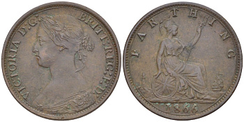 Великобритания 1 фартинг 1866 Виктория (1837-1901) KM 747.2, Spink 3958 бронза 4543-844