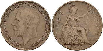 Великобритания 1 пенни 1927 Георг V (1910 - 1936) KM 826, Spink 4054 бронза 4149-726