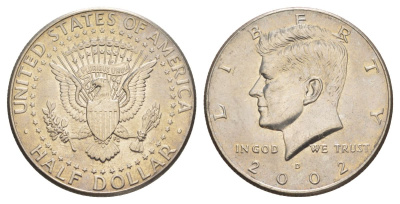 США 1/2 доллара (50 центов) 2002 D, Джон Кеннеди KM A202b медь плакированная медно-никелем aUNC 4517-411