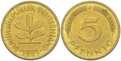 ФРГ 5 ПФЕННИГОВ 1981 F KM 107, J. 382 сталь плакированная латунью 4181-1012