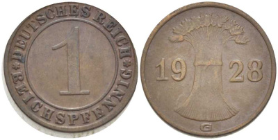 ГЕРМАНИЯ 1 РЕЙХСПФЕННИГ 1928 G KM 37, J. 313, Weege 2 бронза 206-828