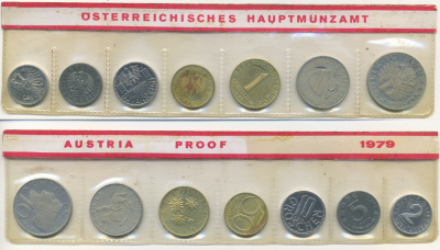 Австрия набор из 7 монет  1979  2, 5, 10, 50 грошей, 1, 5, 10 шиллингов, в целлофане KM PS 39 PROOF 4400-5-1