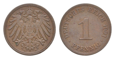 Германия 1 пфенниг 1901 A, Вильгельм II (1888-1918) KM 10, J. 10 медь 4647-834