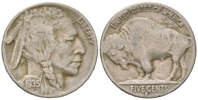 США 5 центов 1935 S, индеец, бизон KM 134 медно-никель 4614-1223