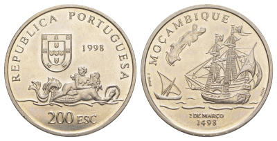 Португалия 200 эскудо 1998 Путешествие Васко да Гамы в Индию 1498 года - Мозамбик KM 711 медно-никель UNC 4677-423