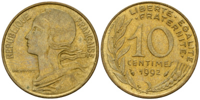 Франция 10 сантимов 1992 тип Marianne KM 929 алюминиевая бронза 4390-646