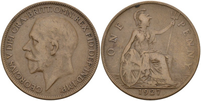 Великобритания 1 пенни 1927 Георг V (1910 - 1936) KM 826, Spink 4054 бронза 4149-726