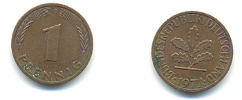 ФРГ 1 ПФЕННИГ 1977 G KM 105, J.380 сталь плакированная медью 176-657