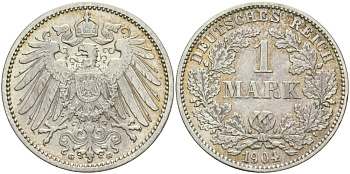Германия 1 марка 1904 G Weege 18, J. 17, KM 14 серебро aUNC 413-5613