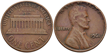 США 1 цент 1961 Авраам Линкольн KM 201 медь цинк 66-969