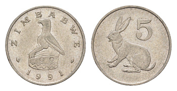 Зимбабве 5 центов 1991 рыжий кролик KM 2 медно-никель 4655-748