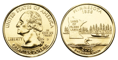 США 1/4 доллара (25 центов) 2005 Квотер штата Миннесота KM 371 медь плакированная золотом UNC 11-265-37