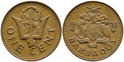 Барбадос 1 цент 1973 сломанный трезубец Британии KM 10 бронза 4396-1253