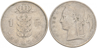 БЕЛЬГИЯ 1 ФРАНК 1950 BELGIE KM 143.1 медно-никель 68-337