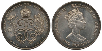 ДЖЕРСИ 2 ФУНТА 1990 90 ЛЕТ ЕЛИЗАВЕТЕ КОРОЛЕВЕ-МАТЕРИ KM 83 медно-никель UNC 1078-3-22