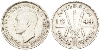 Австралия 3 пенса 1944 S, Георг VI (1937-1952), мондвор Сан-Франциско KM 37 серебро 4594-431