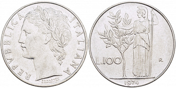 ИТАЛИЯ 100 ЛИР 1974 R, АФИНА KM 96.1 нержавеющая сталь 3718-432