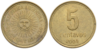 Аргентина 5 сентаво 2004 майское солнце KM 109, CJ 2, Schon 109 алюминиевая бронза 4609-1242