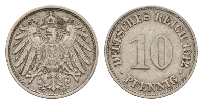 Германия 10 пфеннигов 1912 G, Вильгельм II (1888-1918) KM 12, J. 13 медно-никель 4636-945