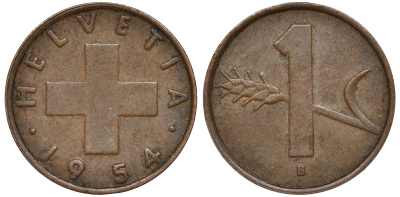 Швейцария 1 раппен 1954 KM 46 бронза 4174-139