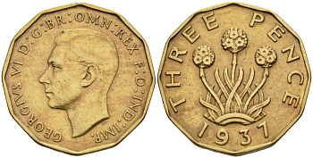 Великобритания 3 пенса 1937 Георг VI (1936-1952) KM 849, Spink 4112 никель латунь 4513-127