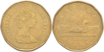 Канада 1 доллар 1989 утка, Елизавета II KM 157 никель плакированный алюминиевой бронзой 63-632