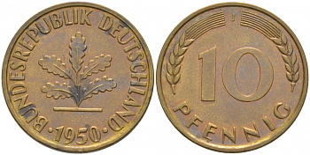 ФРГ 10 ПФЕННИГОВ 1950 J KM 108, J.383 сталь плакированная латунью 3853-127