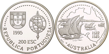 Португалия 200 эскудо 1995 400 лет открытия португальцами Австралии (1522-1525) KM 684a серебро PROOF 1081-6-54