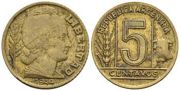 Аргентина 5 сентаво 1944 голова свободы вправо KM 40, CJ 216, Schon 43 алюминиевая бронза    4609-1134