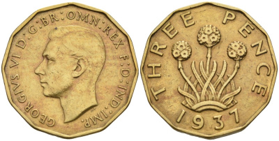 Великобритания 3 пенса 1937 Георг VI (1936-1952) KM 849, Spink 4112 никель латунь 4513-127