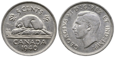 Канада 5 центов 1940 бобр, Георг VI (1937-1952) KM 33 никель 4364-2247