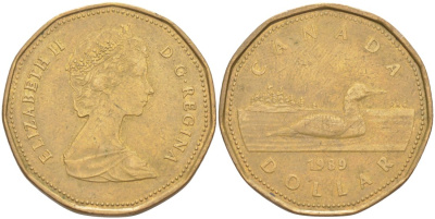 Канада 1 доллар 1989 утка, Елизавета II KM 157 никель плакированный алюминиевой бронзой 63-632