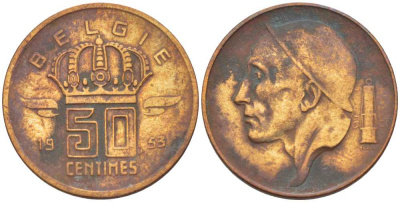 БЕЛЬГИЯ 50 САНТИМОВ 1953 BELGIE, БОДУЭН I (1951-1993) KM 145 бронза 214-634