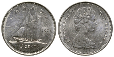 Канада 10 центов 1977 Елизавета II (1952-2022), парусник KM 77.1 никель 179-1054