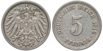 Германия 5 пфеннигов 1912 A, KM 11, J. 12 медно-никель 25-2412