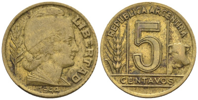 Аргентина 5 сентаво 1944 голова свободы вправо KM 40, CJ 216, Schon 43 алюминиевая бронза    4609-1134