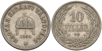 Венгрия 10 филлеров 1894 KB, Франц Иосиф I (1848-1916) KM 482 никель 4151-1065