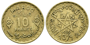 Марокко 10 франков 1952 АН1371, Мухаммед V (1346-1381) (1927-1962), французский протекторат KM 49 алюминиевая бронза 4385-712