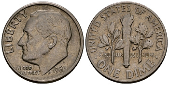 США 10 центов (дайм) 1967 Рузвельт KM 195a медь плакированная медно-никелем 4164-935