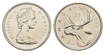 Канада 25 центов 1977 Елизавета II (1952-2022), олень KM 62b никель UNC 4631-927