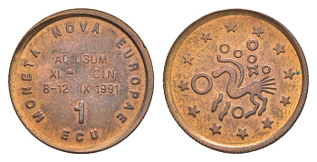 Бельгия 1 экю 1991 выпущенны Королевским монетным двором Бельгии по случаю 150-летия основания Королевского бельгийского нумизматического общества и 100-летия первого Международного конгресса по нумизматике. Гурт рубчатый LA ECP-1 медь UNC 4644-924