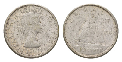 Канада 10 центов 1961 Елизавета II (1952-2022), парусник KM 51 серебро 4623-928