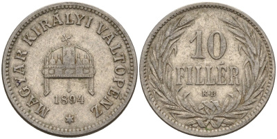 Венгрия 10 филлеров 1894 KB, Франц Иосиф I (1848-1916) KM 482 никель 4151-1065