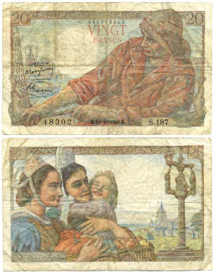 ФРАНЦИЯ 20 ФРАНКОВ 1948 14 ОКТЯБРЯ 1948 Pick 100с бумага 6262-48-2-2