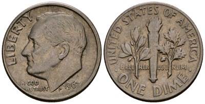 США 10 центов (дайм) 1967 Рузвельт KM 195a медь плакированная медно-никелем 4164-935