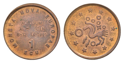Бельгия 1 экю 1991 выпущенны Королевским монетным двором Бельгии по случаю 150-летия основания Королевского бельгийского нумизматического общества и 100-летия первого Международного конгресса по нумизматике. Гурт рубчатый LA ECP-1 медь UNC 4644-924